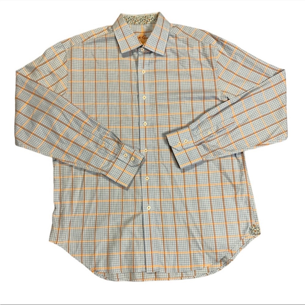 Robert Graham Long Sleeve Button Down Blue and Orange Windowpane Size XL